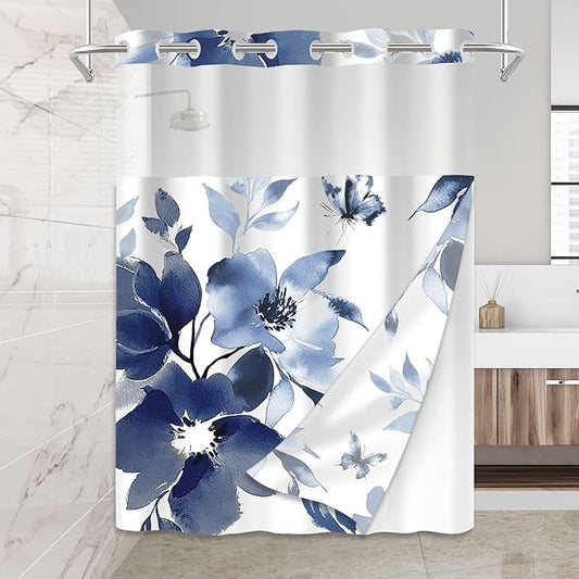 No Hook Shower Curtain with Snap in Liner for Bathroom,with See Through Top Window,Double Shower Curtain Set with Detachable Fabric Liner Replacement, Machine Washable, Blue Flower, 71"x 74"