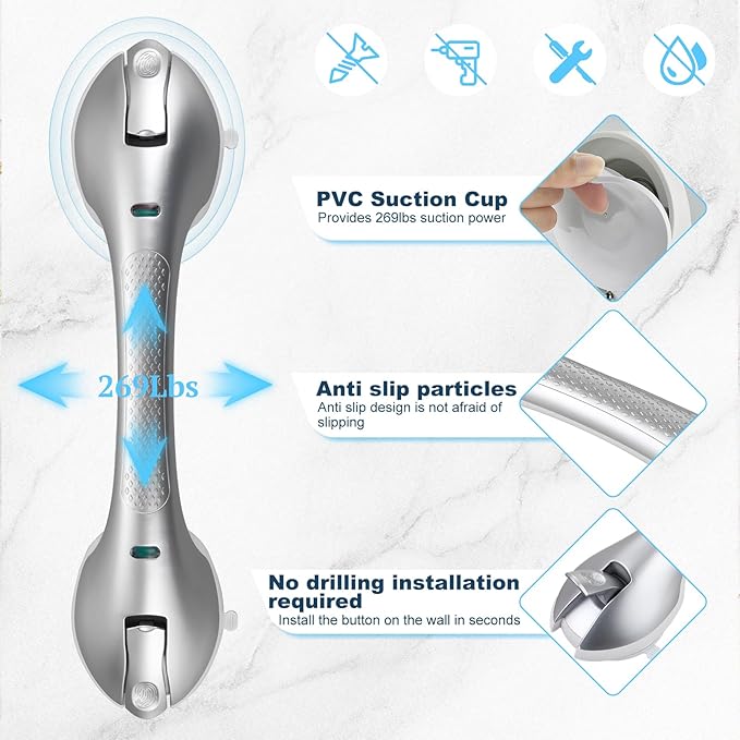 Suction Grab Bars for Bathtubs and Showers, Heavy Duty Shower Handle Removable Shower Handrails for Kids, Bathroom Safety Grip Waterproof(Silver)