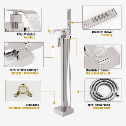 BESy Tub Filler Freestanding Bathtub Faucet Brushed Nickel Floor Mount Tub Faucet Waterfall Free Standing Bathtub Filler High Flow Brass Bath Shower Faucets with Handheld Sprayer
