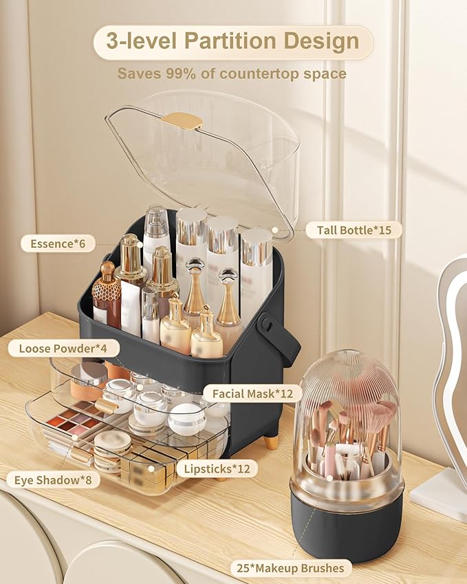 Makeup Organizer, Skincare Holder Bathroom Counter Organizer, Storage Box Cosmetic Display Cases, Teen Girl Gifts Trendy Stuff Make up Organizers for Vanity, Countertop (black)