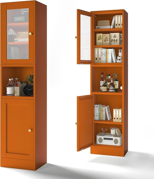 COFaR 67" Tall Metal Bathroom Storage Cabinet,6-Tier Narrow Cabinet with Glass Doors and Adjustable Shelves,Linen Cabinet for Small Spaces,Tall Cabinet for Bathroom,Living Room,Orange