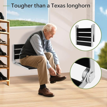 Wall Mounted Shower Seat - 16IN Teak Fold Down Shower Seat for Elderly, Disabled & Pregnant Women - Sturdy Shower Benches for Inside Shower with 400LB Capacity- 2025 Premium Black Shower Bench