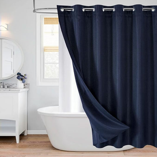 MitoVilla No Hooks Required Navy Blue Waffle Shower Curtain Liner Set, Modern Heavyweight Fabric Shower Curtain Set with Snap-in Liner for Hotel Grade Spa-Like Bathroom Decor, 72 x 74