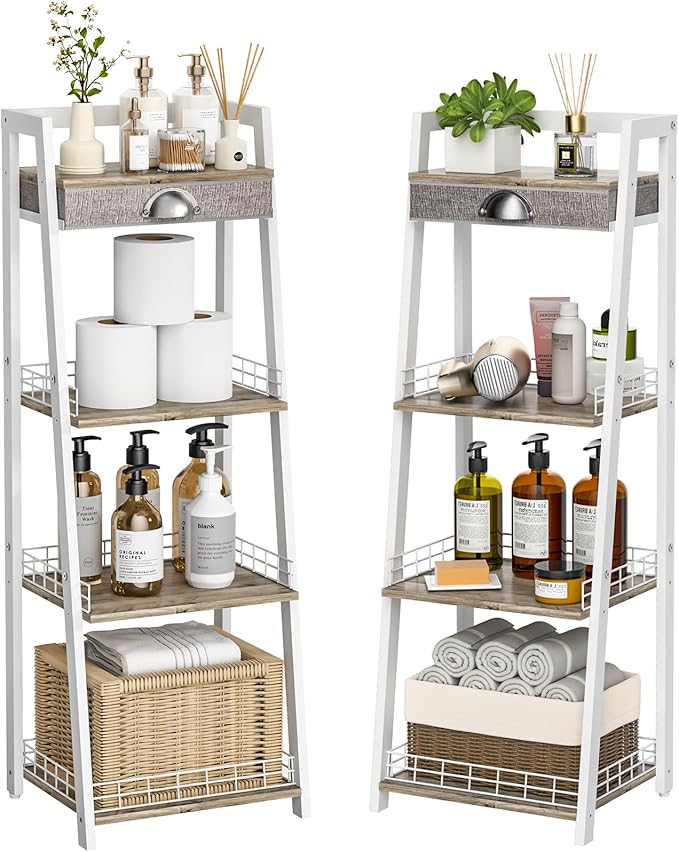 keomaisyto 4-Tier Elegant Ladder Shelf, Bathroom Storage Shelf, Ladder Bookshelf with Drawer, Freestanding Storage Shelves for Bathroom Living Room Study Office, White