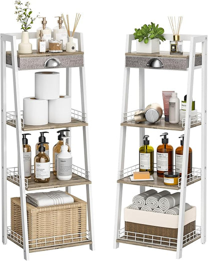 keomaisyto 4-Tier Elegant Ladder Shelf, Bathroom Storage Shelf, Ladder Bookshelf with Drawer, Freestanding Storage Shelves for Bathroom Living Room Study Office, White