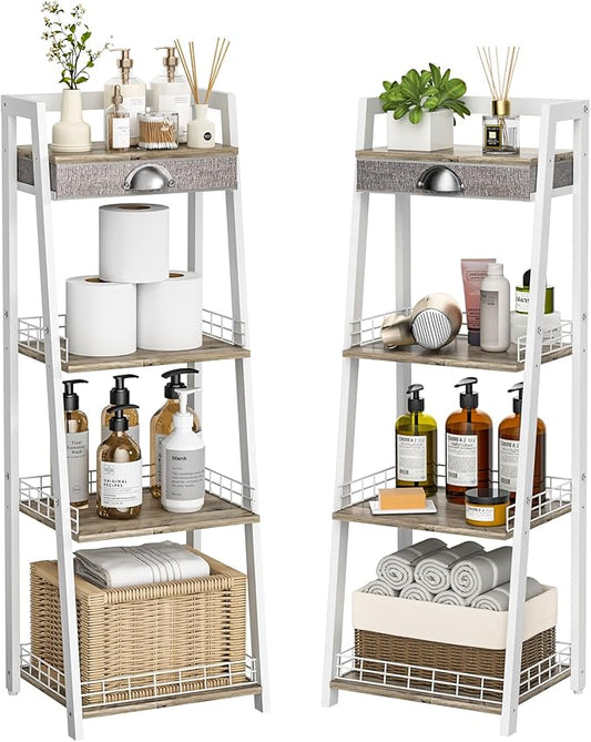 keomaisyto 4-Tier Elegant Ladder Shelf, Bathroom Storage Shelf, Ladder Bookshelf with Drawer, Freestanding Storage Shelves for Bathroom Living Room Study Office, White