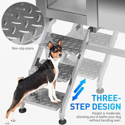 38'' Large Dog Bathtub Stainless Steel, Dog Washing Station, Pet Bathing Station Grooming Bath Tub with Left Ramp & Removable Door & Showerhead & Faucet & Soap Holder for Home Pet Grooming Salon