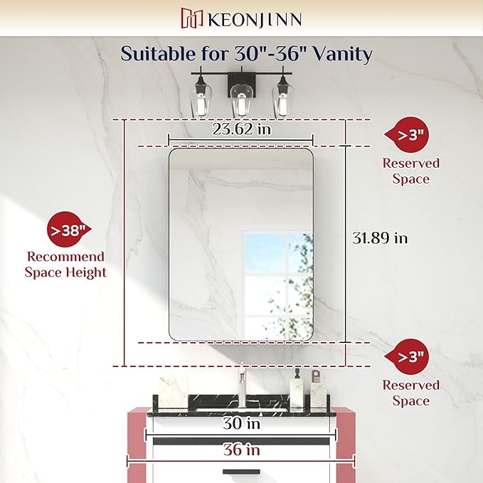 Keonjinn 24 x 32 Inch Black Recessed Medicine Cabinets, Bathroom Mirrored Medicine Cabinet, Gloss Black Stainless Steel Framed, Adjustable Shelves, in Wall or Surface Mount, Sturdy & Heavy, Farmhouse