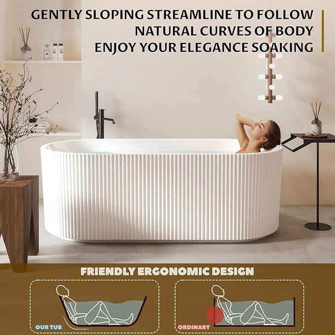 67'' Freestanding Bathtub, Deep Soaking Tub, Non-Slip Base, Acrylic, cUPC Certified Free Standing Tub, Chrome Drain Bath Tub, Modern Tub for Bathrooms, White