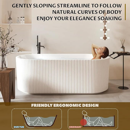 67'' Freestanding Bathtub, Deep Soaking Tub, Non-Slip Base, Acrylic, cUPC Certified Free Standing Tub, Chrome Drain Bath Tub, Modern Tub for Bathrooms, White