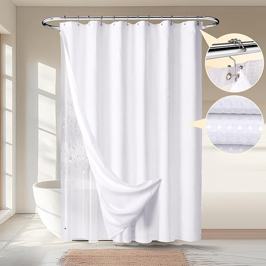 River Dream Extra Long Waffle 3 in 1 Shower Curtain Set, White Fabric Shower Curtain and Clear Liner Set with Double Sided Hooks, Waterproof, 72" W*84" H