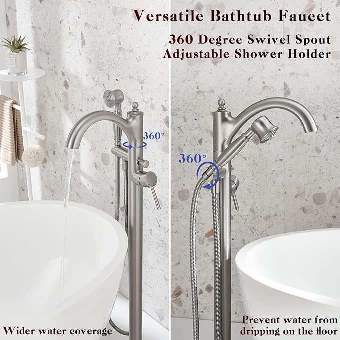 Freestanding Tub Faucets, Classic Freestanding Bathtub Faucet with Retro Handheld Sprayer High Flow Max 7.04GPM Floor Mount Tub Filler Swivel Spout Bath Tub faucet Brushed Nickel (WT-9002BN)