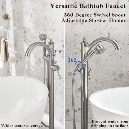 Freestanding Tub Faucets, Classic Freestanding Bathtub Faucet with Retro Handheld Sprayer High Flow Max 7.04GPM Floor Mount Tub Filler Swivel Spout Bath Tub faucet Brushed Nickel (WT-9002BN)