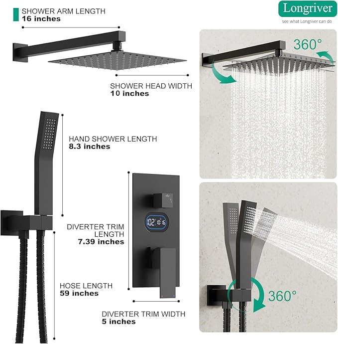 Shower Faucet Set with Hydro Power Temperature Display, Shower System Bathroom 10 Inches Shower Head with Handheld Spray, Wall Mounted Shower Fixtures with Shower Valve and Trim Kit, Matte Black