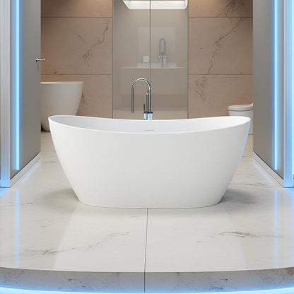 55'' High-back Freestanding Solid Surface Resin Stone Bathtub, Freestanding Tub, Contemporary Design Stand Alone Tub with Pop-up Drain and Overflow, Matte White (Oval)