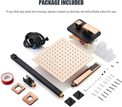 Shower Faucet Set, Matte Black and Rose Gold Rainfall Shower System Complete Wall Mounted for Bathroom with 10 Inch Square Shower Head and Handheld Shower Head Rain Mixer Combo Set