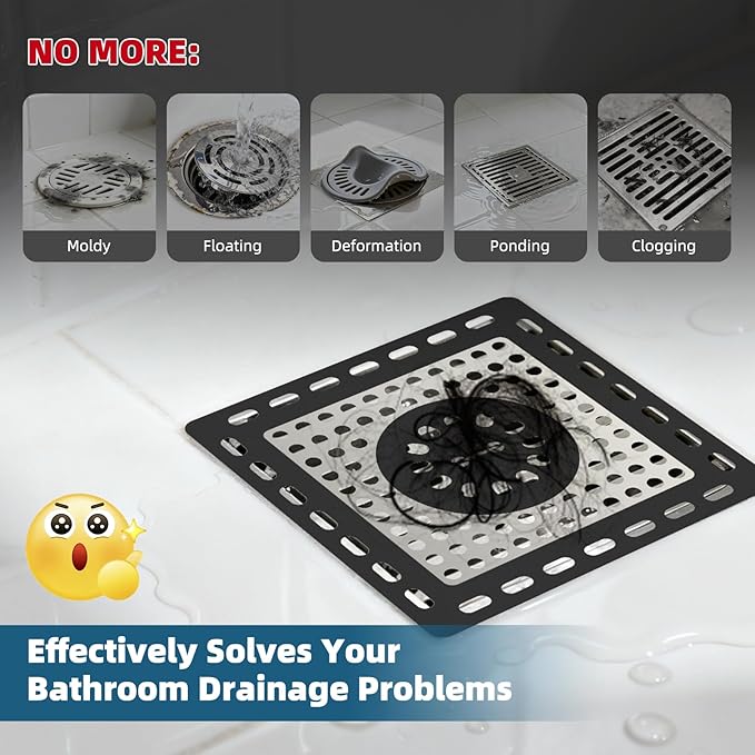 Hibbent 2 Pack Upgraded Shower Drain Hair Catcher, Shower Drain Cover for Bathroom Floor 4" Drain, Anti-Clogging Bathtub Drain Strainer, Stainless Steel Kitchen Sink Drain Strainer with Handle, Black
