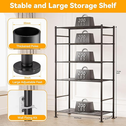 5 Tier Shelf Organizer Rack, Metal Shelving Unit with Adjustable Leveling Feet, Space-Saving Storage Shelves for Garage Closet Laundry Bathroom Kitchen Pantry, 33.07”Wx12.6”Dx72.04”H,Black