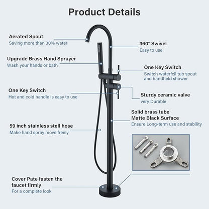 Freestanding Bathtub Faucet Matte Black Floor Mounted Tub Filler with Hand Shower 360 Degree Swivel Standing Spout Brass High Flow Mixer Taps