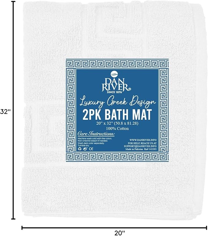 DAN RIVER Greek Cotton Bath Mats Set of 2 – Not a Bathroom Rug, Ultra Soft, Highly Absorbent & Machine Washable Bath Mat Towel for Bathroom Floor Mat – Durable, Quick-Dry, 21x34 Inches, White