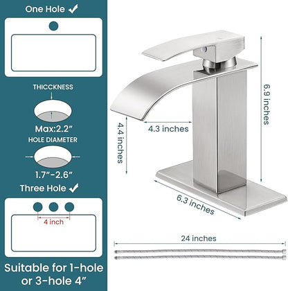 Bathroom Faucets Brushed Nickel Waterfall Bathroom Sink Faucet Modern Single Handle Bathroom Faucet for 1 or 3 Hole Mxier Tap Washbasin Faucet with Deck, Pop-up Drain and Supply Hoses 2 Pack