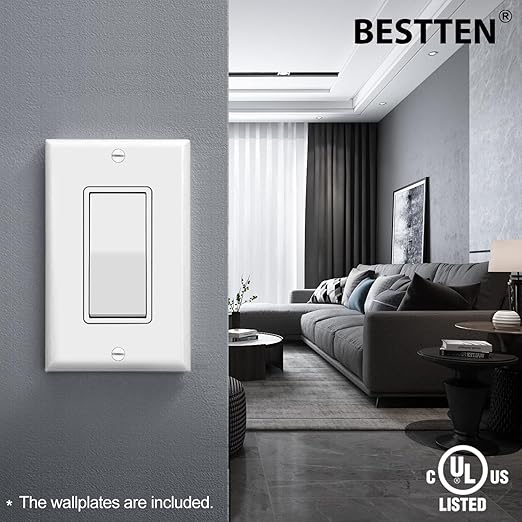 BESTTEN 10 Pack Single Pole Decorator Light Switch with Wallplate, 15A 120/277V, Rocker Paddle Wall Switch, On/Off Interrupter for LED and Other Lamps