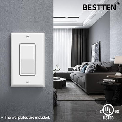 BESTTEN 100 Pack Single Pole Decorator Wall Light Switch with Wall Plate, 15A 120/277V, On/Off Rocker Paddle Interrupter for LED and Other Lamps, UL Listed, White