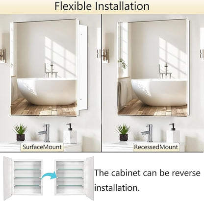 Bathroom Medicine Cabinet with 20x20 in Square Beveled Frameless Mirror,Wall Mounted Mirror Cabinet for Bathroom Toilet Kitchen,Recess or Surface Mount,Already Assembly