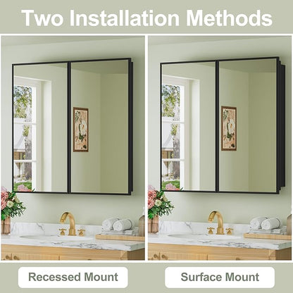 Buruis 30" x 30" Framed Medicine Cabinet with Mirror, Recessed or Wall Mounted Bathroom Cabinet, Adjustable Tempered Glass Shelves, Left/Right Open Reversible, No Assembly Required, Black