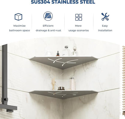 FerdY 2-Pack 10" Brushed Nickel Recessed Corner Shower Shelf, for Tiled Bathroom Walls, Floating Shower Shelf, 304 Stainless Steel Shower Caddy Storage Shelves, No Drilling Required, Irregular Diamond
