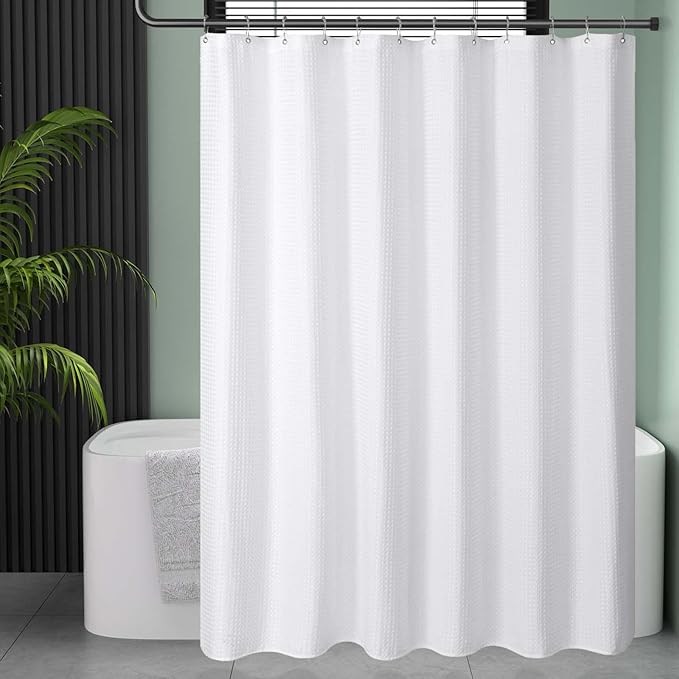 AmazerBath 54 x 78 Shower Curtain Waffle, Long Stall Shower Curtain White, Heavy Duty 240GSM, Fabric Shower Curtains, Hotel Quality Bathroom Accessories, 54 Inches Wide x 78 Inches Long