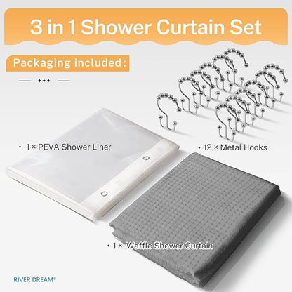 River Dream 3 in 1 Shower Curtain Set, Waffle Fabric Shower Curtain and Waterproof Clear Liner Set with Double Sided Metal Hooks, Grey, 72" W*78" H