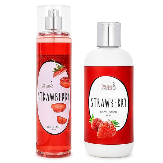 Home Spa Gift 10oz Deep Moisturizing Fragrance Body Lotion & 8 oz. Fine Fragrance Body Mist Set Luxury Self-Care Combo for Women and Girls (Strawberry)