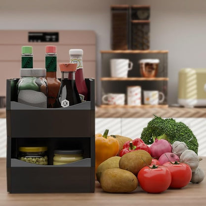 2 Set Open Front Small Stackable Storage Bins, Bamboo Stacking Storage Bins Snack Tea Bags Fruits Spices Countertop Storage, Rustic Organizer Box for Pantry, Kitchen, Office, Bedroom (Small Black)