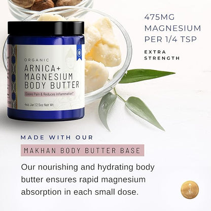Organic Arnica + Magnesium Whipped Body Butter, 4 oz Jar, Extra Strength Formula with Premium Quality Magnesium Choride, Natural Comfort for Muscles & Joints, All-Natural