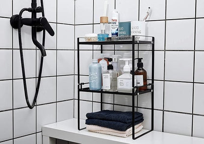2pk Kitchen Cabinet Shelf Counter Organizer Rack Pantry Storage Bathroom Bedroom Office Table Desk Space Saving Steel Frame Stackable Rust Resistant Non Slip Black-Tall-L13in W8.3in H9.5in