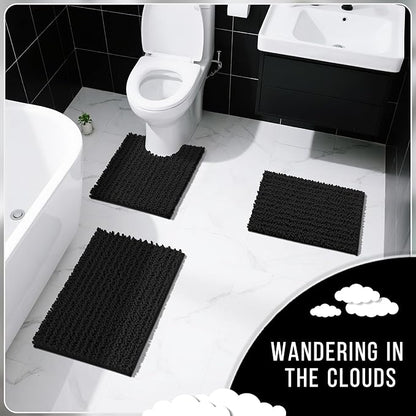 Yimobra Bathroom Rugs Non Slip Washable - Ultra Soft Absorbent Chenille Bath Mat, Quick Dry Shaggy Floor Carpet for Tub Shower, Black Home Decor Accessories, 24x17 Inch