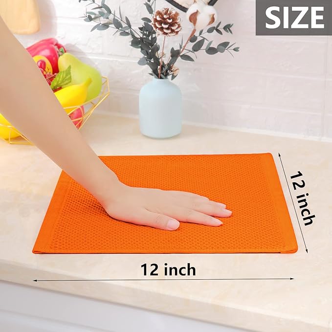 Homaxy 100% Cotton Waffle Weave Kitchen Dish Cloths, Ultra Soft Absorbent Quick Drying Dish Towels, 12 x 12 Inches, 6-Pack, Orange