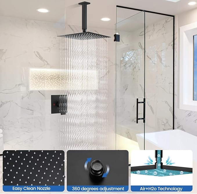 Airuida Shower Faucet Set and Handle Set Single Function Shower Trim Kit Ceiling Mount Rainfall Shower System with Male Threads and Rough-in Valve 12 Inch Square Shower Head Matte Black