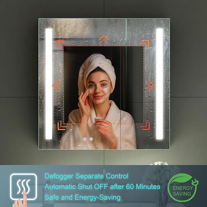 WELLFOR 30" X 30" LED Medicine Cabinet with Mirror, Double Opening Door, Recessed or Surface Cabinet Mirror, Bathroom Mirror Cabinet, Medicine Cabinet with Lights with Outlets & USB Ports