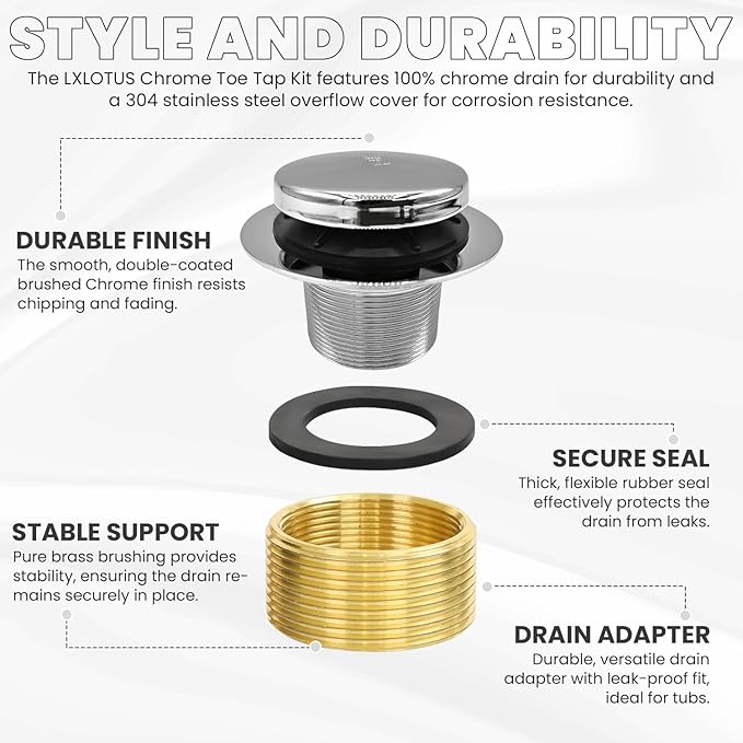 Chrome Toe Tap Bathtub Trim Set with Two-Hole Overflow Faceplate, Replacement Polished Tub Drain Kit with 2-Hole Overflow Cover and Universal Fine/Coarse Thread, Fits 1-3/8" and 1-1/2"