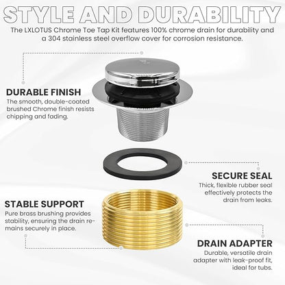 Chrome Toe Tap Bathtub Trim Set with Two-Hole Overflow Faceplate, Replacement Polished Tub Drain Kit with 2-Hole Overflow Cover and Universal Fine/Coarse Thread, Fits 1-3/8" and 1-1/2"