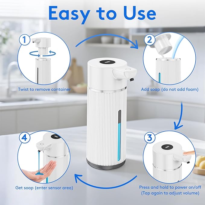 2025 Upgrade Automatic Soap Dispenser Touchless, 14.2oz/420ml Dish Hand Soap Dispenser for Bathroom and Kitchen, 4 Adjustable Volume, USB Rechargeable, Clog-Free, Large Capacity, White
