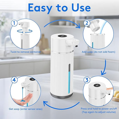 2025 Upgrade Automatic Soap Dispenser Touchless, 14.2oz/420ml Dish Hand Soap Dispenser for Bathroom and Kitchen, 4 Adjustable Volume, USB Rechargeable, Clog-Free, Large Capacity, White