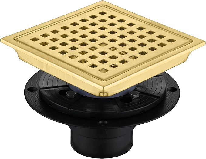6 Inch Square Shower Floor Drain, Brushed Nickel High Flow Shower Drain Kit with Flange with Hair Filter, Removable Grate Cover, Stainless Steel, Abs Fixing Tray, CUPC Certified (Brushed Gold)