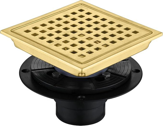6 Inch Square Shower Floor Drain, Brushed Nickel High Flow Shower Drain Kit with Flange with Hair Filter, Removable Grate Cover, Stainless Steel, Abs Fixing Tray, CUPC Certified (Brushed Gold)