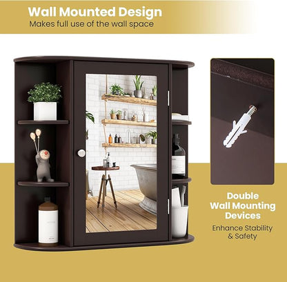 RELAX4LIFE Bathroom Wall Cabinet with Mirror - Medicine Cabinet w/Door, 6 Open Shelves & Adjustable Shelves, Over The Toilet Storage Cabinet Organizer, Mirrored Bathroom Cabinet Wall Mount (Brown)