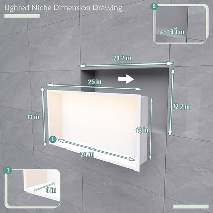 24"x12" Lighted Shower Niche ，Stainless Steel Waterproof Shower Storage with Lighting ，No Tile Needed ，Matte White （ 24 x 12 in）