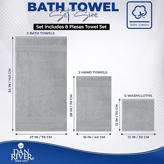 DAN RIVER 8 PC Luxury Bath Towels for Bathroom, 2 Bath, 2 Hand, and 4 Wash Cloths, 600 GSM 100% Ring Spun Cotton Towel Set, Highly Absorbent, Gym, Hotel, and Spa, Silver
