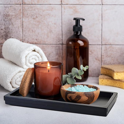 Acacia Wood Decorative Vanity Tray - 11.8 x 5.9 inches Suitable for Countertop Bathroom Sink Dresser Toilet Tank - Modern Decor Tray for Keys Wallets Towels Perfumes Plant Pots (Black)